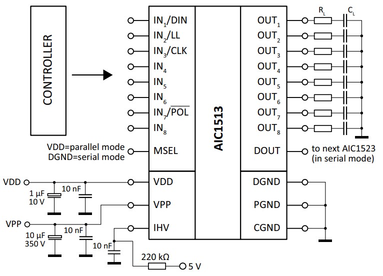 Application Circuit Diagram - Apex Microtechnology AIC1513 High-Voltage Driver IC